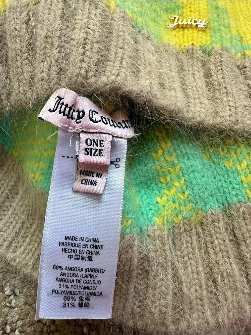 Juicy Couture Vintage Angora Knit snood- Beige with Yellow & Mint